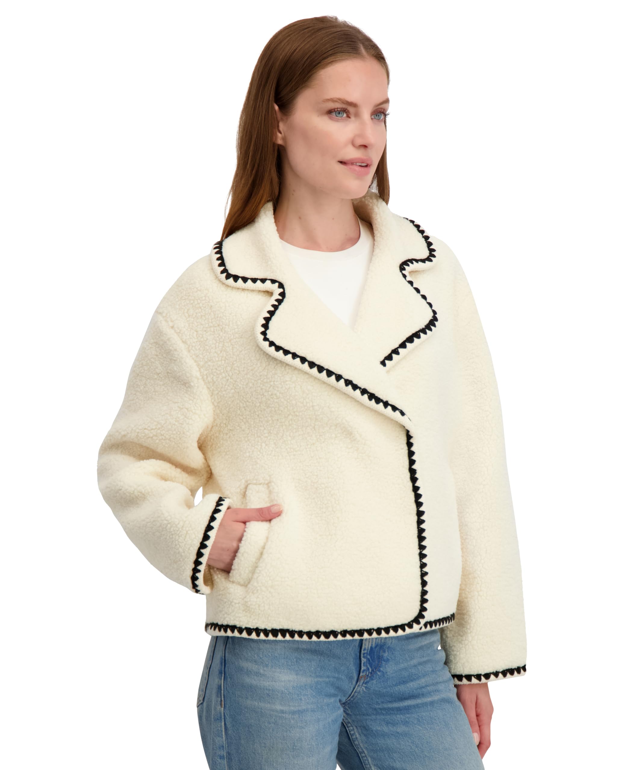 Laundry by Shelli Segal Women's Short Faux Sherpa Jacket with Hidden Snap Closure Cream