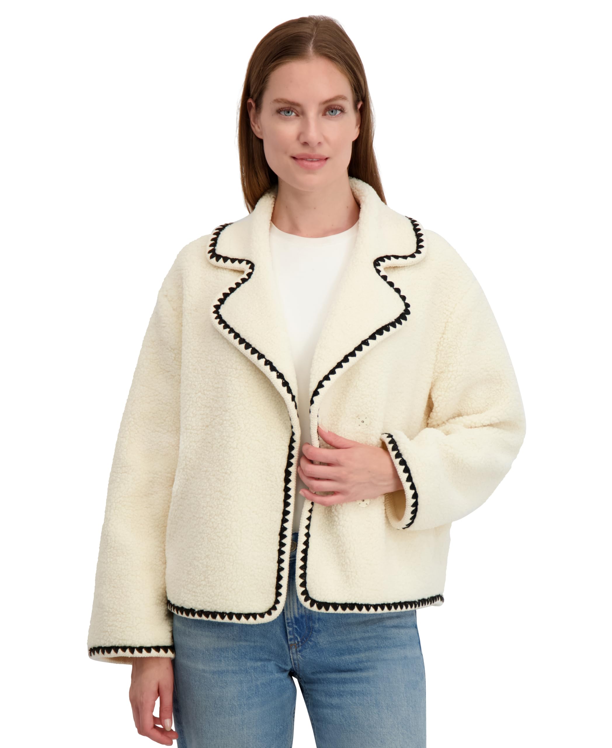 Laundry by Shelli Segal Women's Short Faux Sherpa Jacket with Hidden Snap Closure