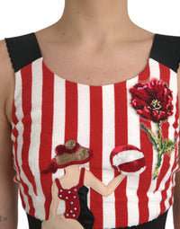 Dolce & Gabbana Red White Floral Sleeveless Sheath Midi Women's Dress