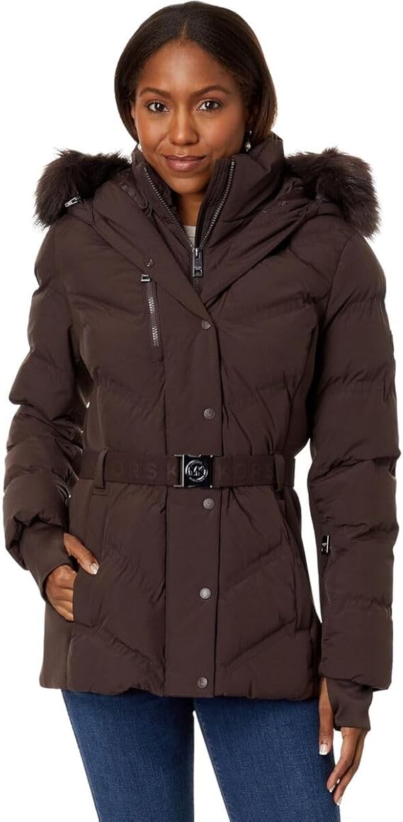 Michael Michael Kors Women's Belted Chevron Active Scuba Coat, Chocolate, XL