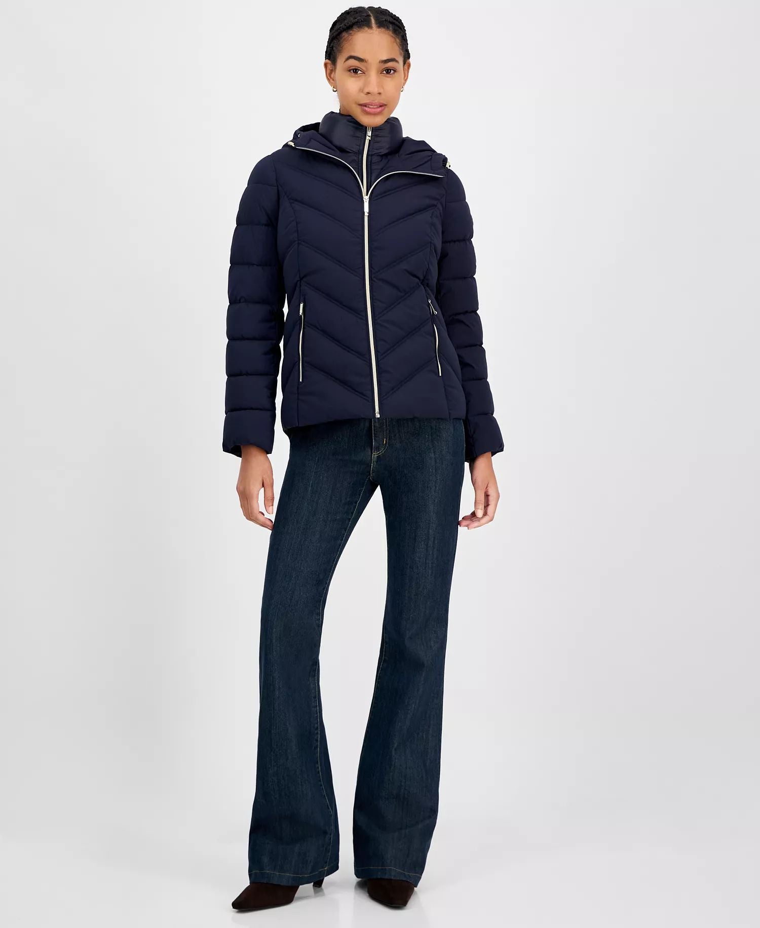 Michael Michael Kors Women's Hooded Bibbed Packable Puffer Coat, Midnight, L