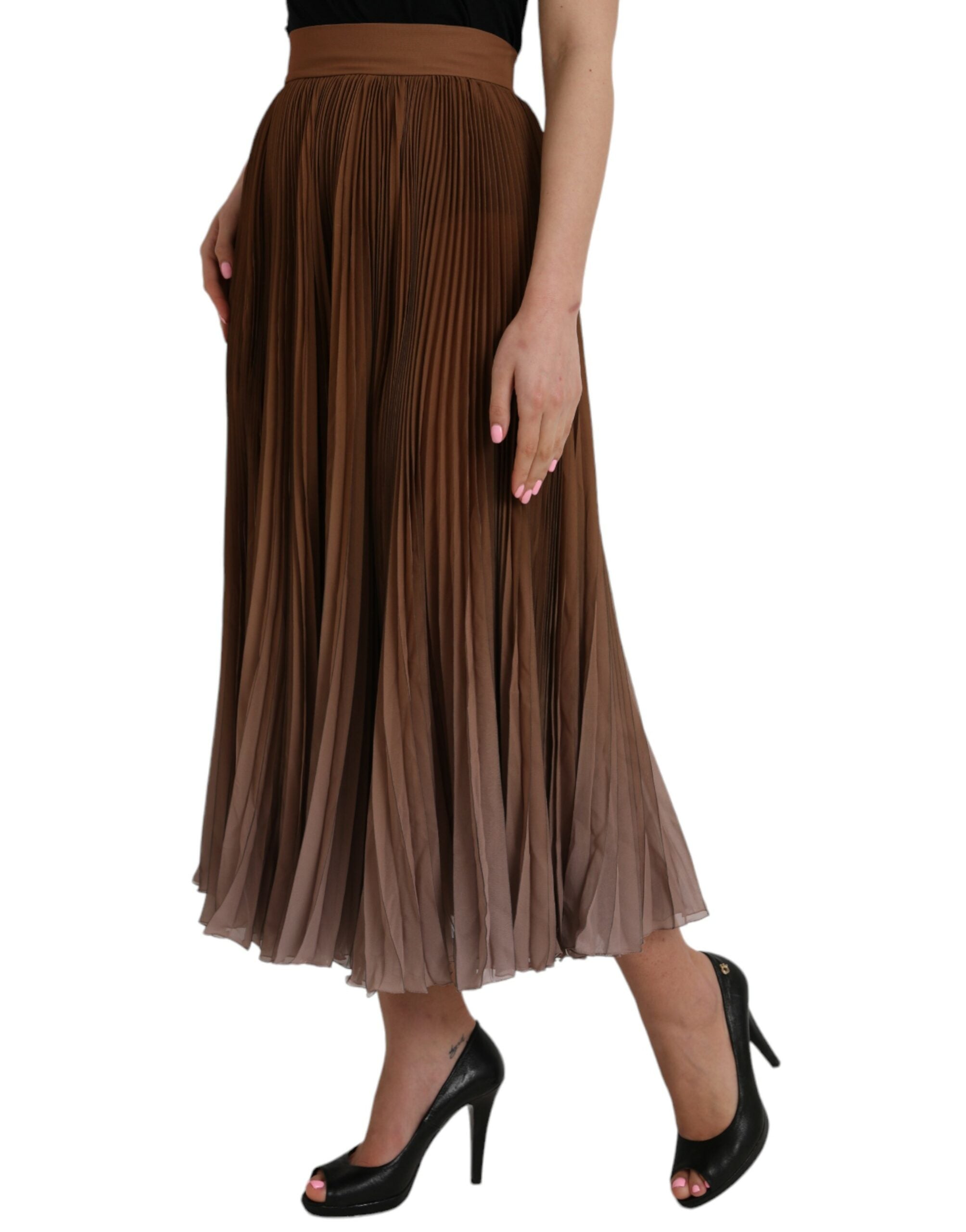 Dolce & Gabbana Brown Polyester Pleated High Waist Midi Women's Skirt
