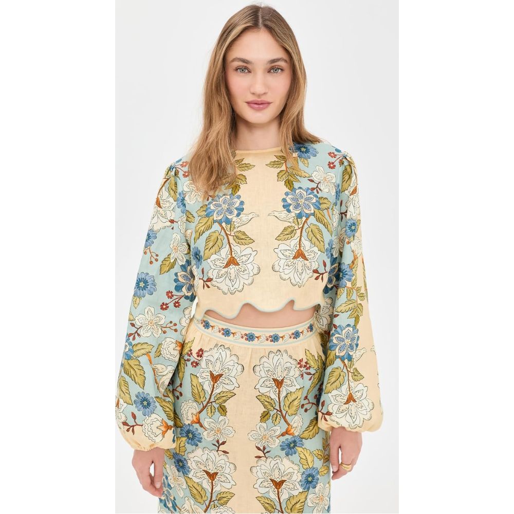 FARM Rio Women's Garden Scarf Blue Long Sleeve Blouse, Garden Scarf Blue