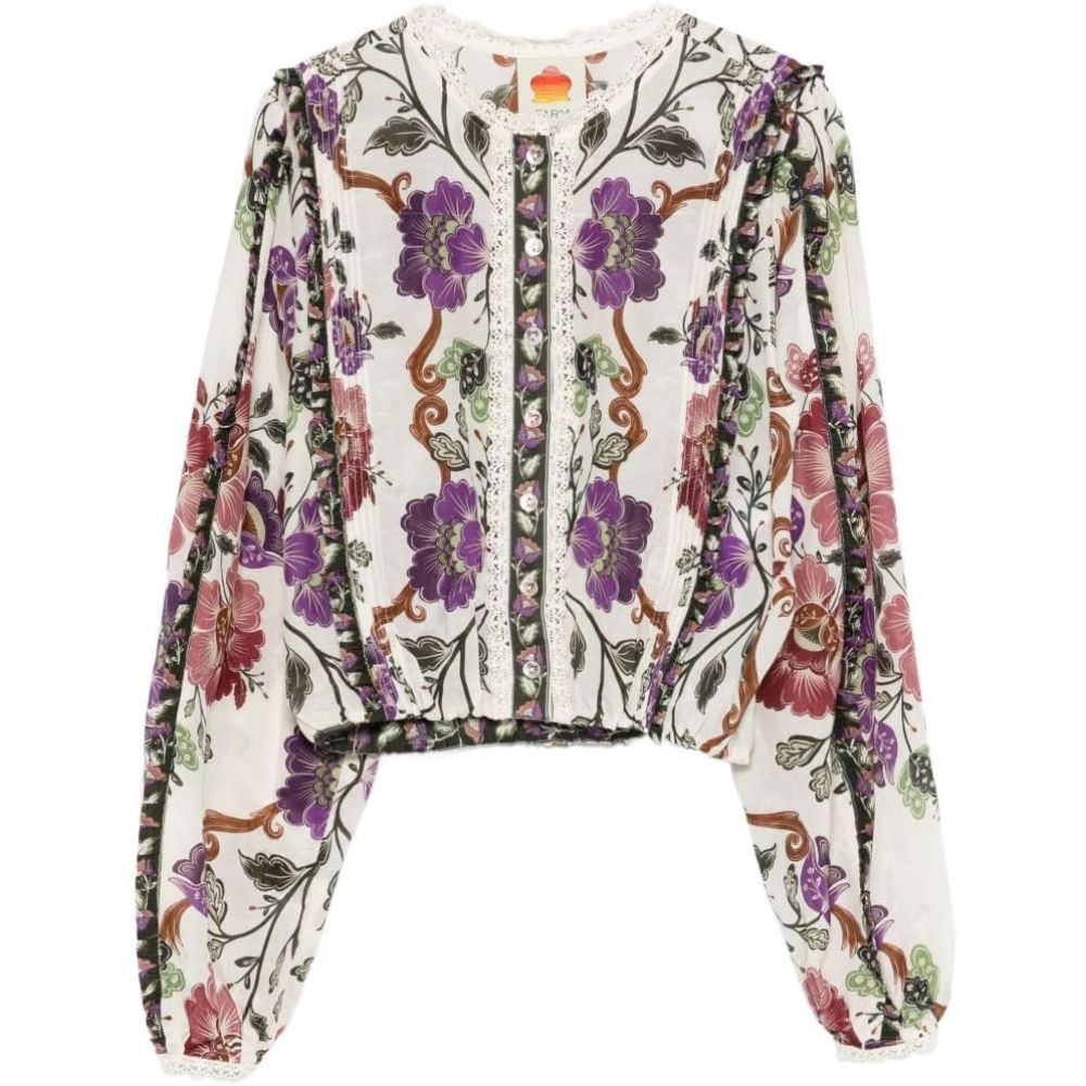 FARM Rio Women's Lace Long Sleeve Blouse, Rococo Flowers Cream