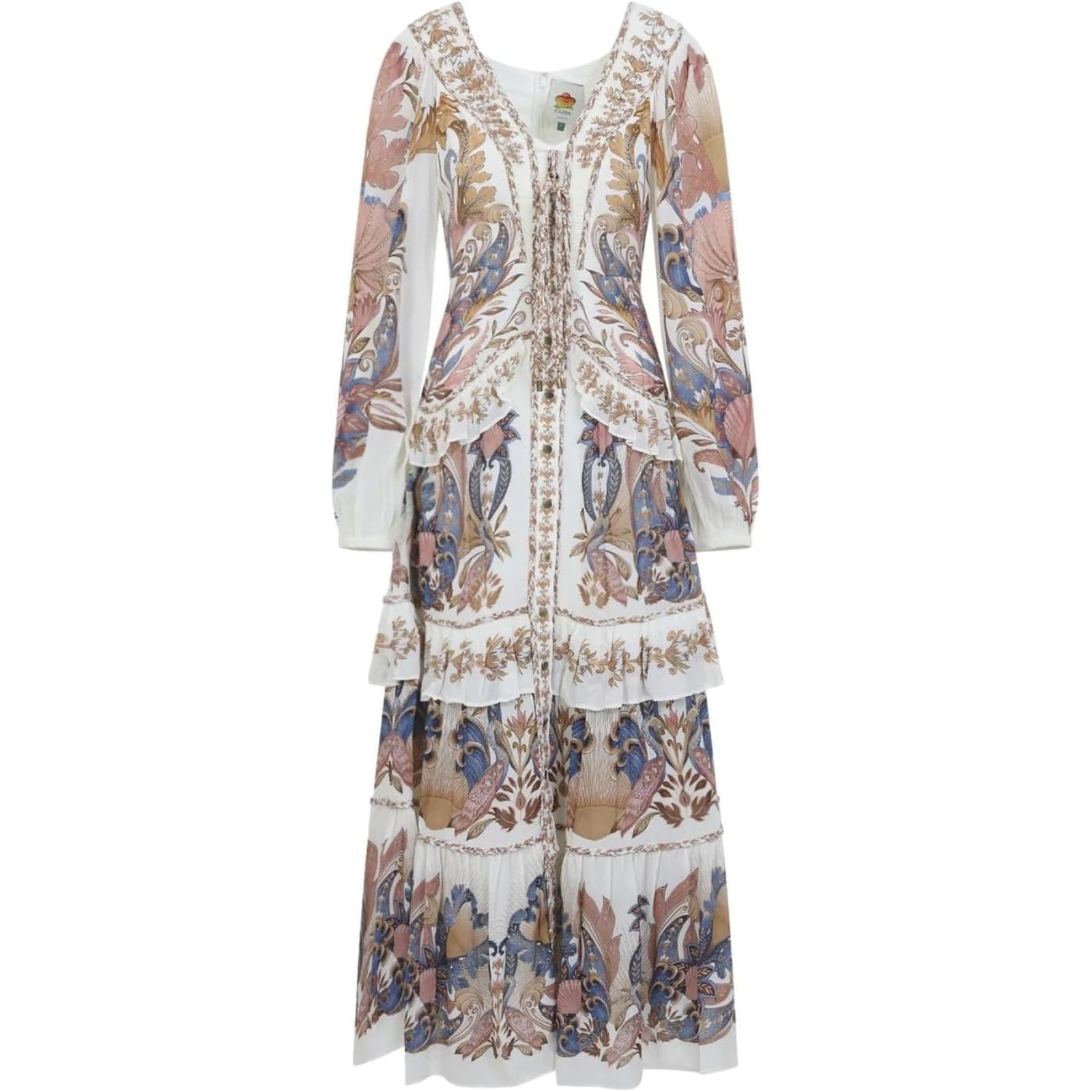 Farm Rio Women's Braid Details Long Dress, Sea Garden Off-White