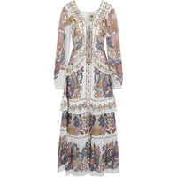 Farm Rio Women's Braid Details Long Dress, Sea Garden Off-White
