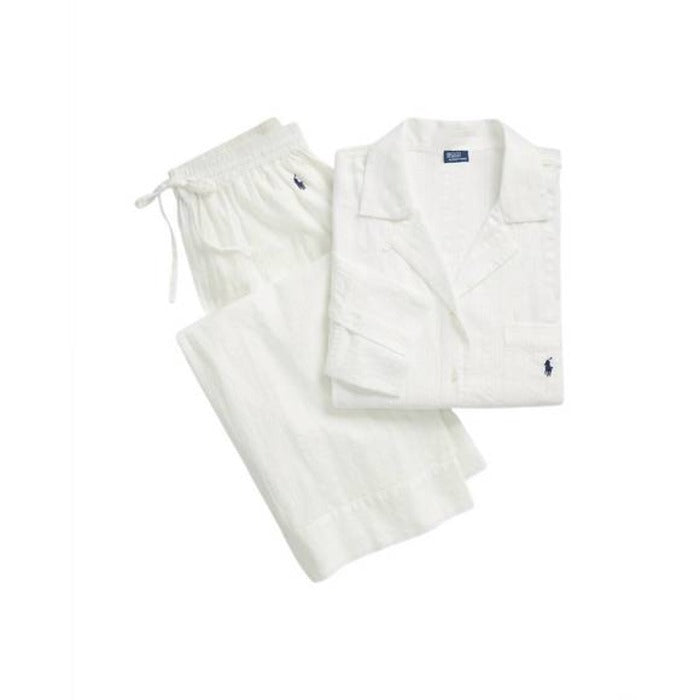 Polo Ralph Lauren Women's Long Sleeve Summer Linen Pajama Set, White Cloud