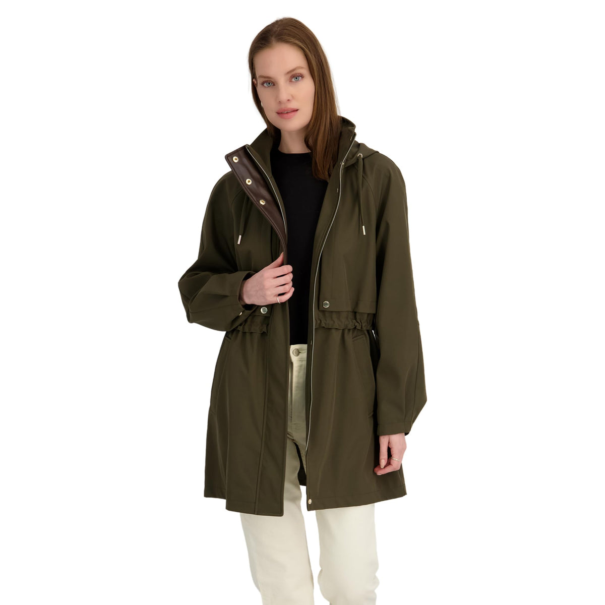 TAHARI Women's Diana Softshell Anorak Water-Resistant Lightweight Jacket w/Detachable Hood Olive