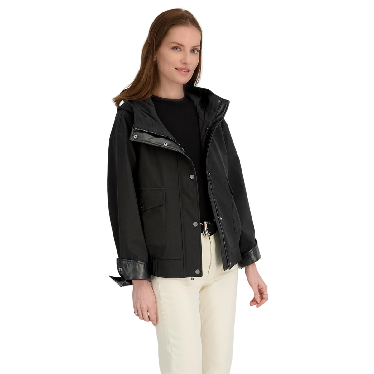 TAHARI Women's Leone Hooded Rain Bomber Water-Resistant Softshell Jacket w/Patch Pockets