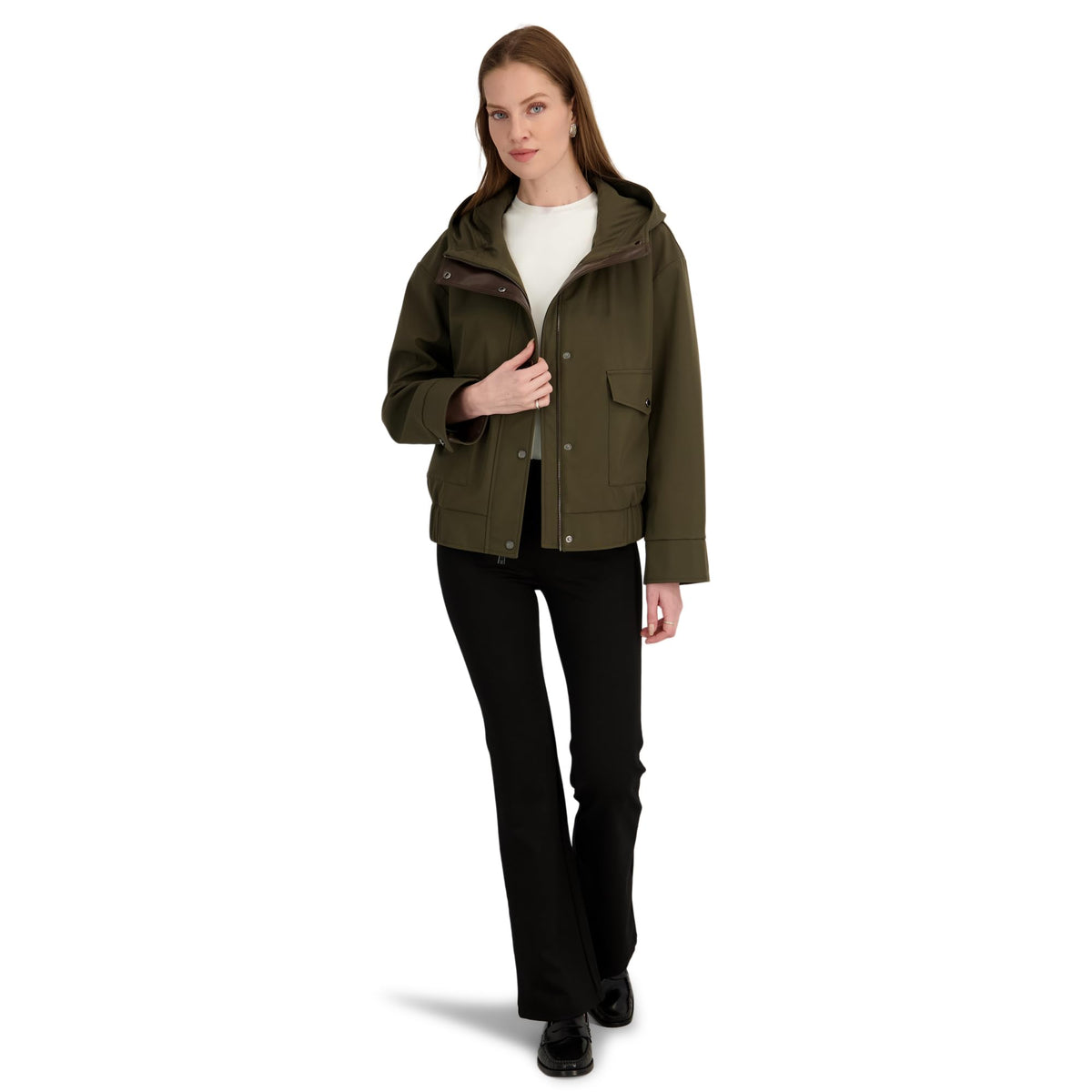 TAHARI Women's Leone Hooded Rain Bomber Water-Resistant Softshell Jacket w/Patch Pockets Olive