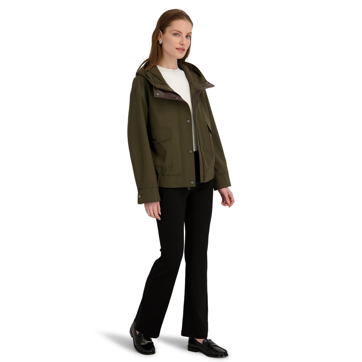 TAHARI Women's Leone Hooded Rain Bomber Water-Resistant Softshell Jacket w/Patch Pockets