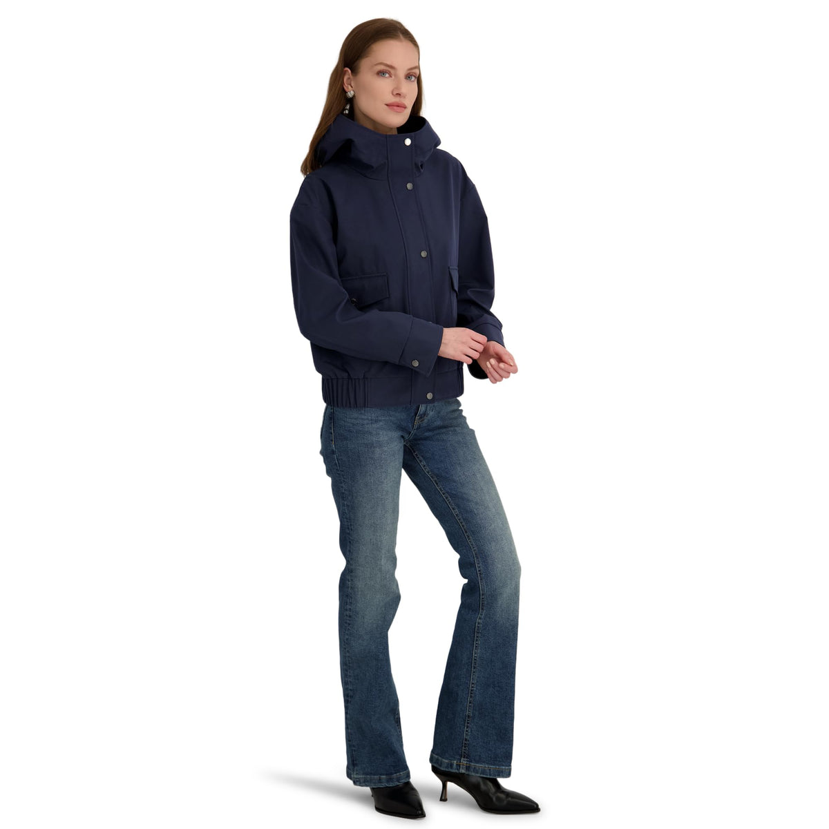 TAHARI Women's Leone Hooded Rain Bomber Water-Resistant Softshell Jacket w/Patch Pockets Navy