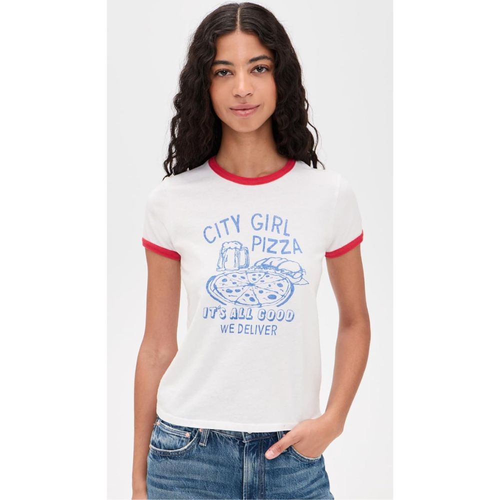 Mother Women's The Lil Goodie Ringer Tee, City Girl Pizza