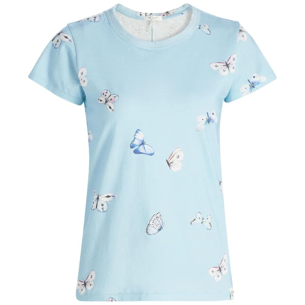 rag & bone Women's All Over Tammy Butterfly Tee, Light Blue Multi