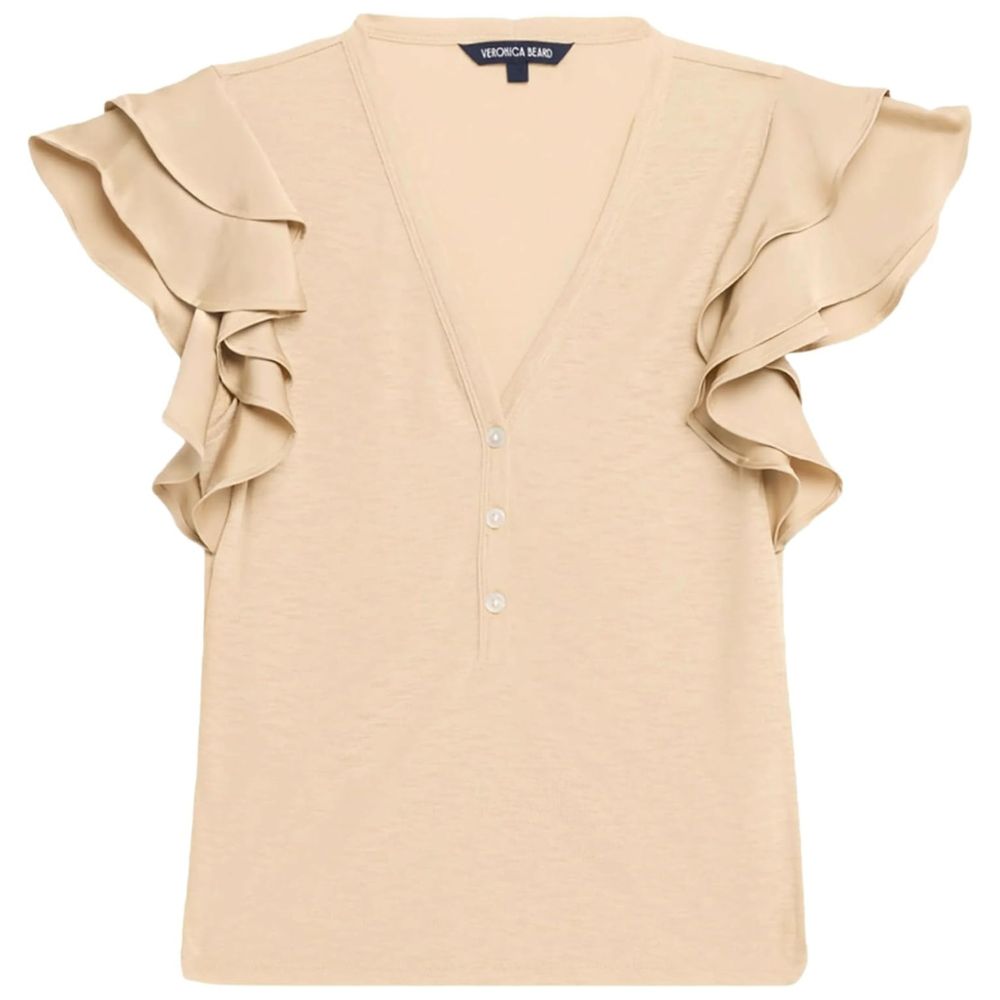 Veronica Beard Women's Aphrodite Mixed Media Ruffle Sleeve Top, Stone Khaki