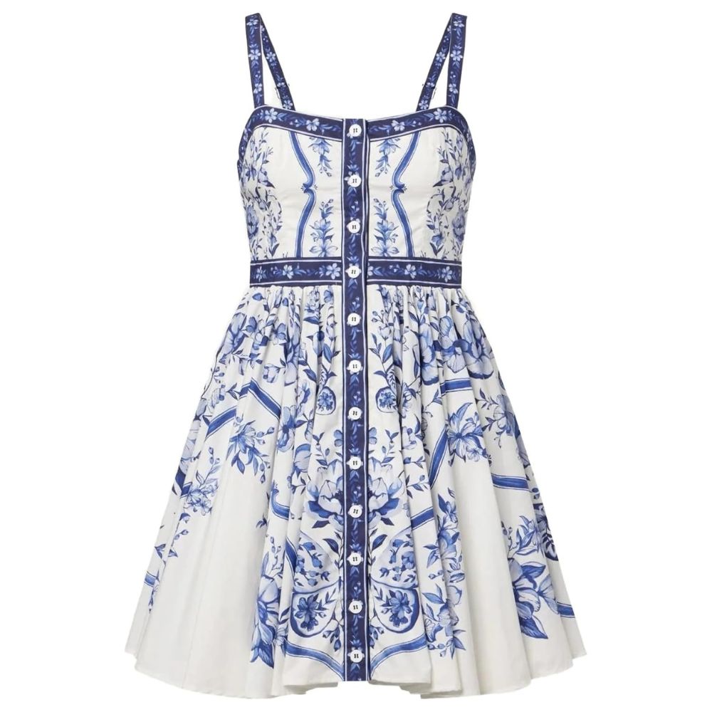 Farm Rio Women's Buttoned Sleeveless Mini Dress, Porcelain Garden Off-White