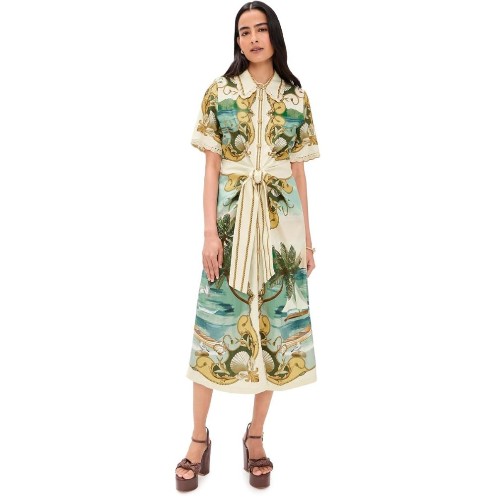 Farm Rio Women's Collared Buttoned Midi Dress, Royal Sea Multicolor