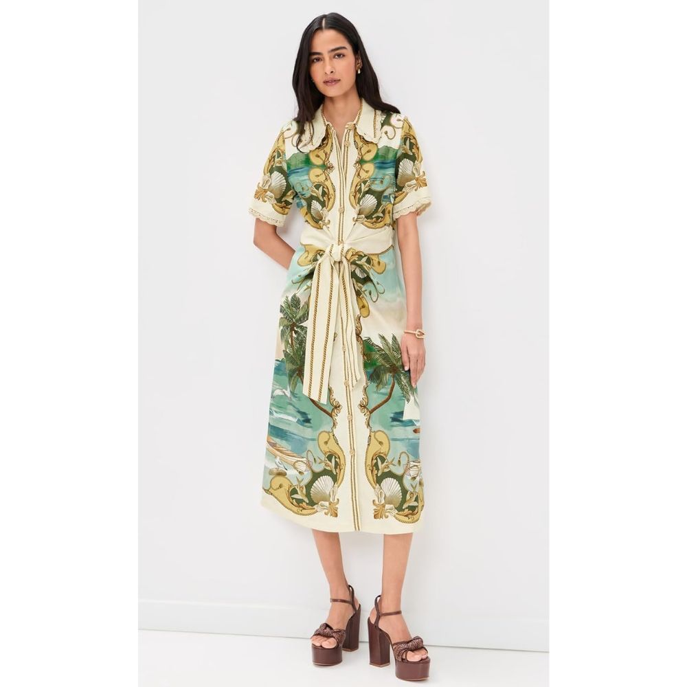 Farm Rio Women's Collared Buttoned Midi Dress, Royal Sea Multicolor