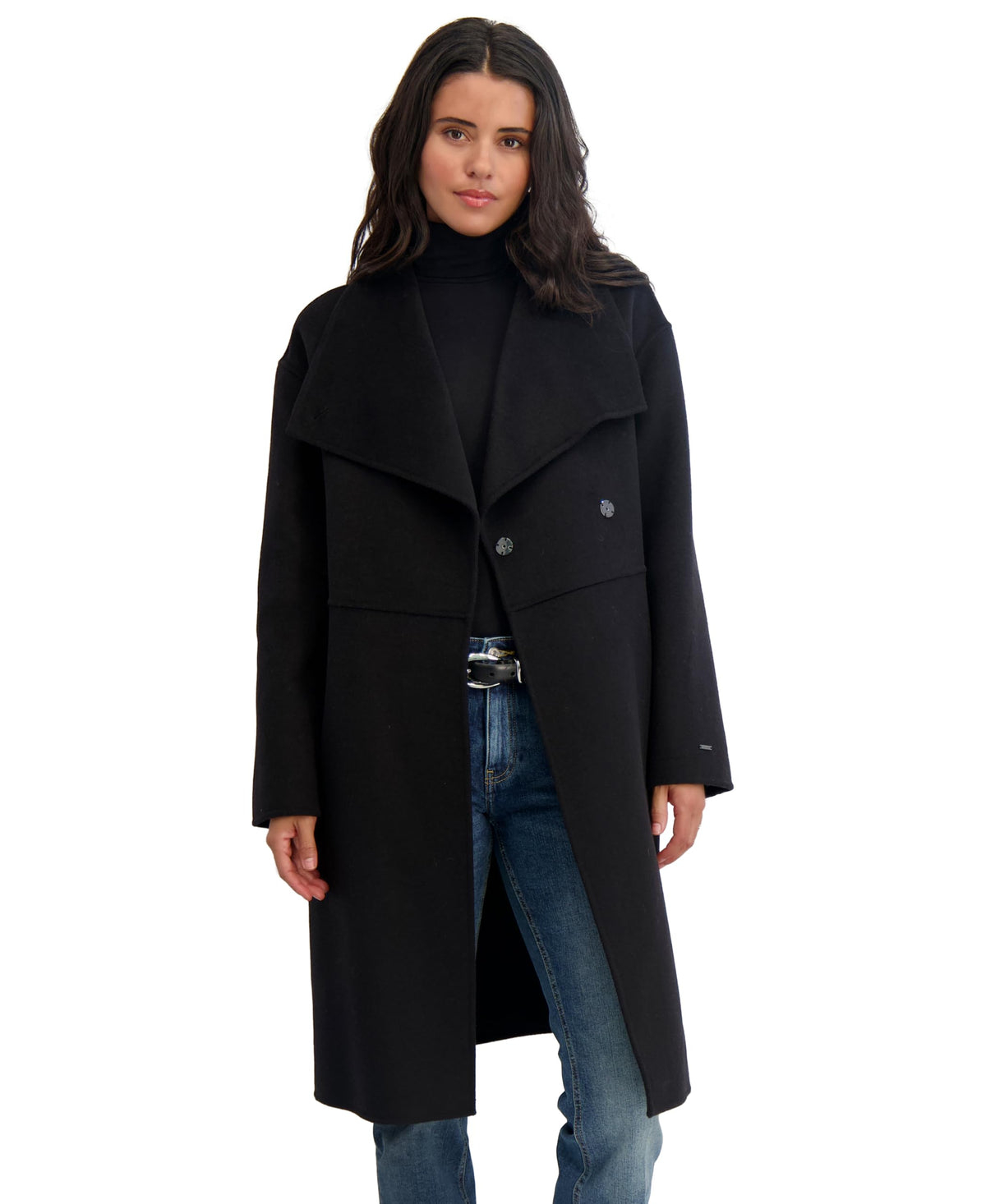 TAHARI Women's Coco Asymmetric Double-Faced Long Wool Blend Coat Black