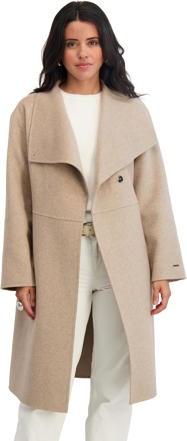 TAHARI Women's Coco Asymmetric Double-Faced Long Wool Blend Coat Oatmeal
