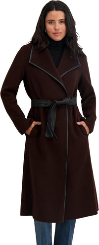 TAHARI Women's Double-Faced Luxury Soft Wool Blend Long Wrap Coat, Chocolate
