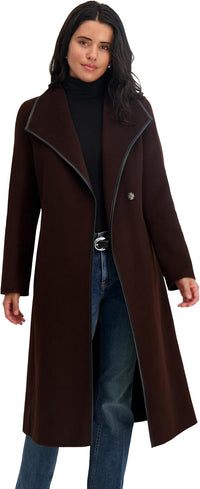 TAHARI Women's Double-Faced Luxury Soft Wool Blend Long Wrap Coat, Chocolate