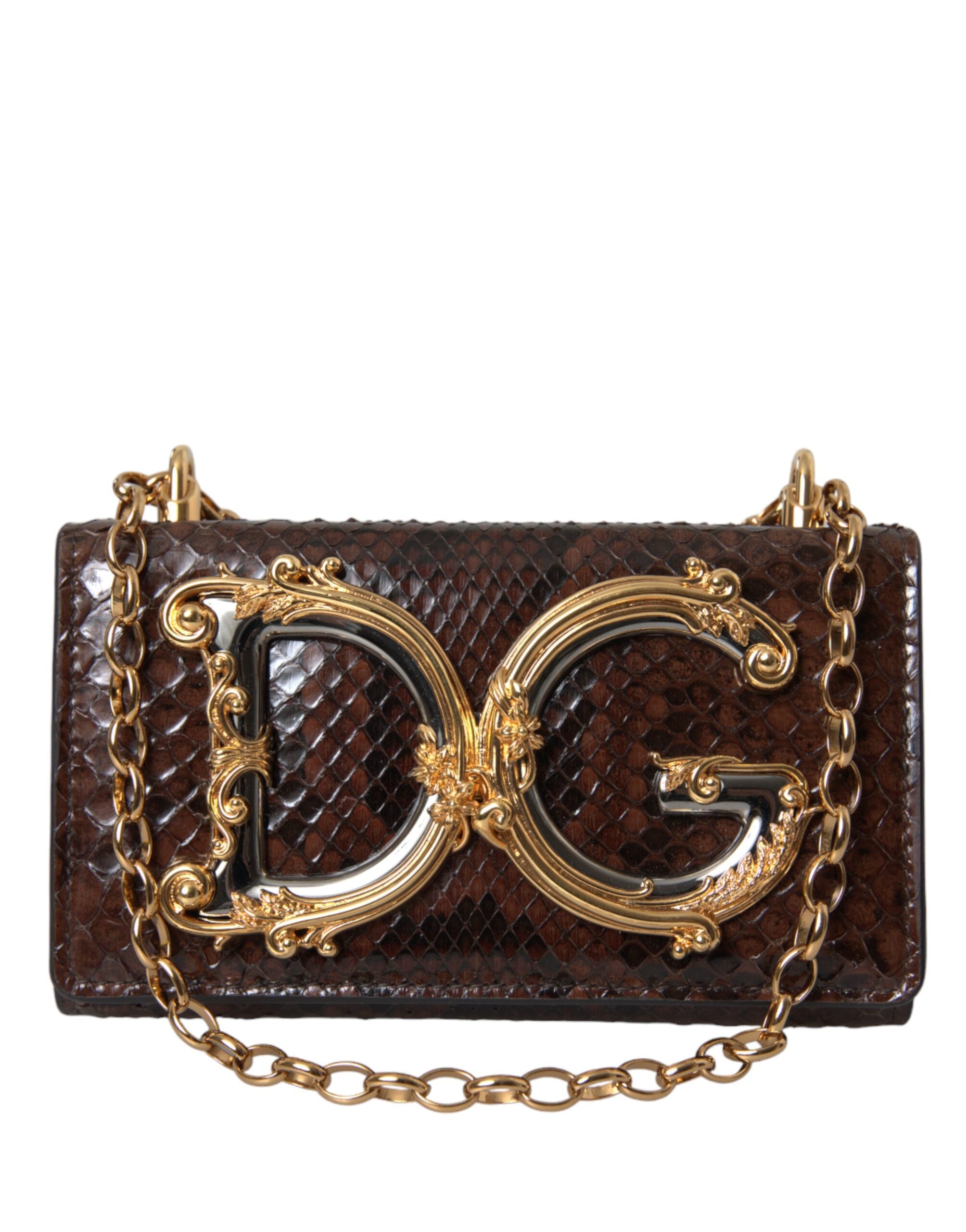 Dolce & Gabbana Brown Python Leather DG Girls Crossbody Phone Women's Bag