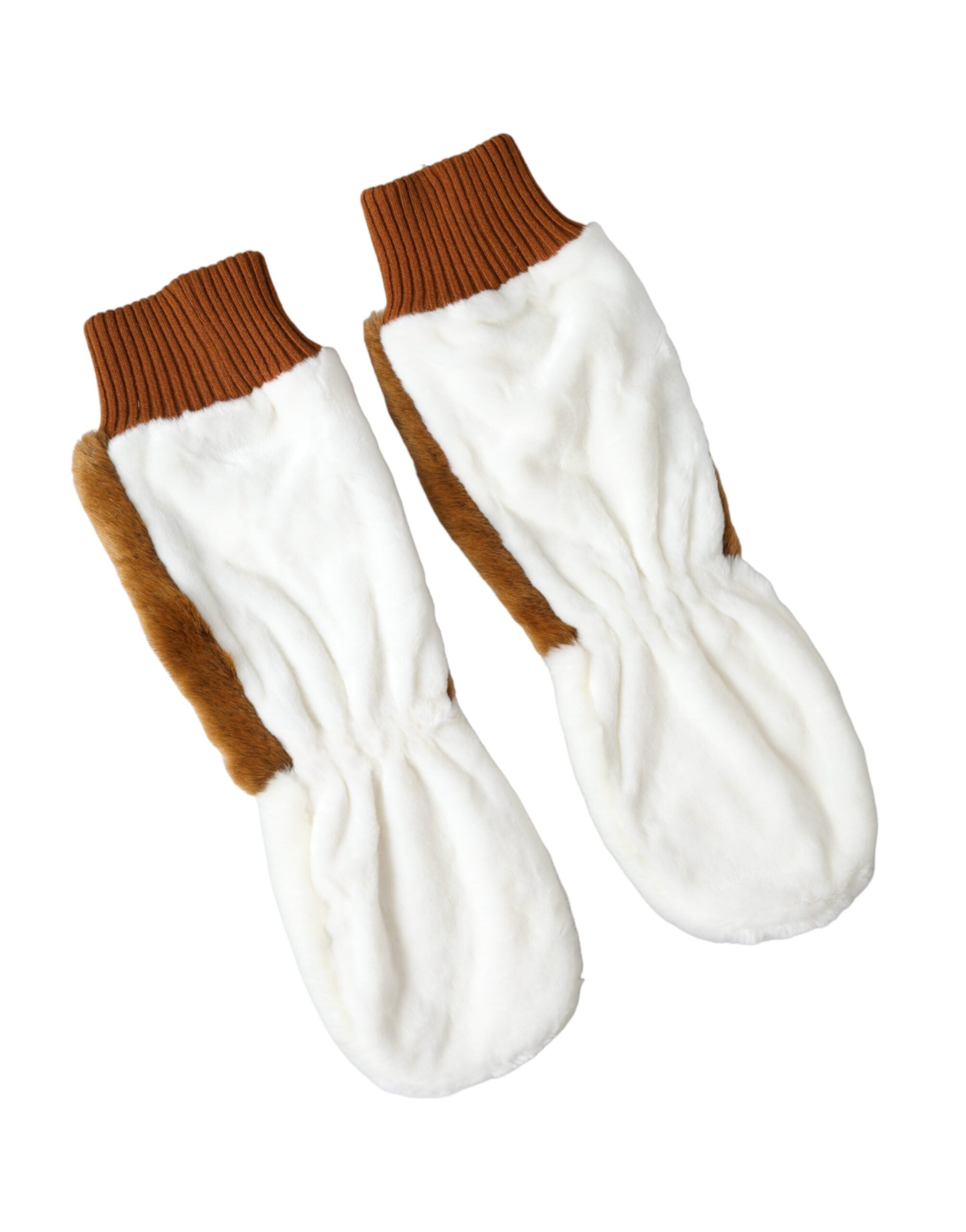 Dolce & Gabbana Brown White Acrylic Knitted Fur Mitten Women's Gloves