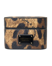 Dolce & Gabbana Dolce & Gabbana Brown Leopard Calf Leather Metal Logo Plaque Airpods Women's Case
