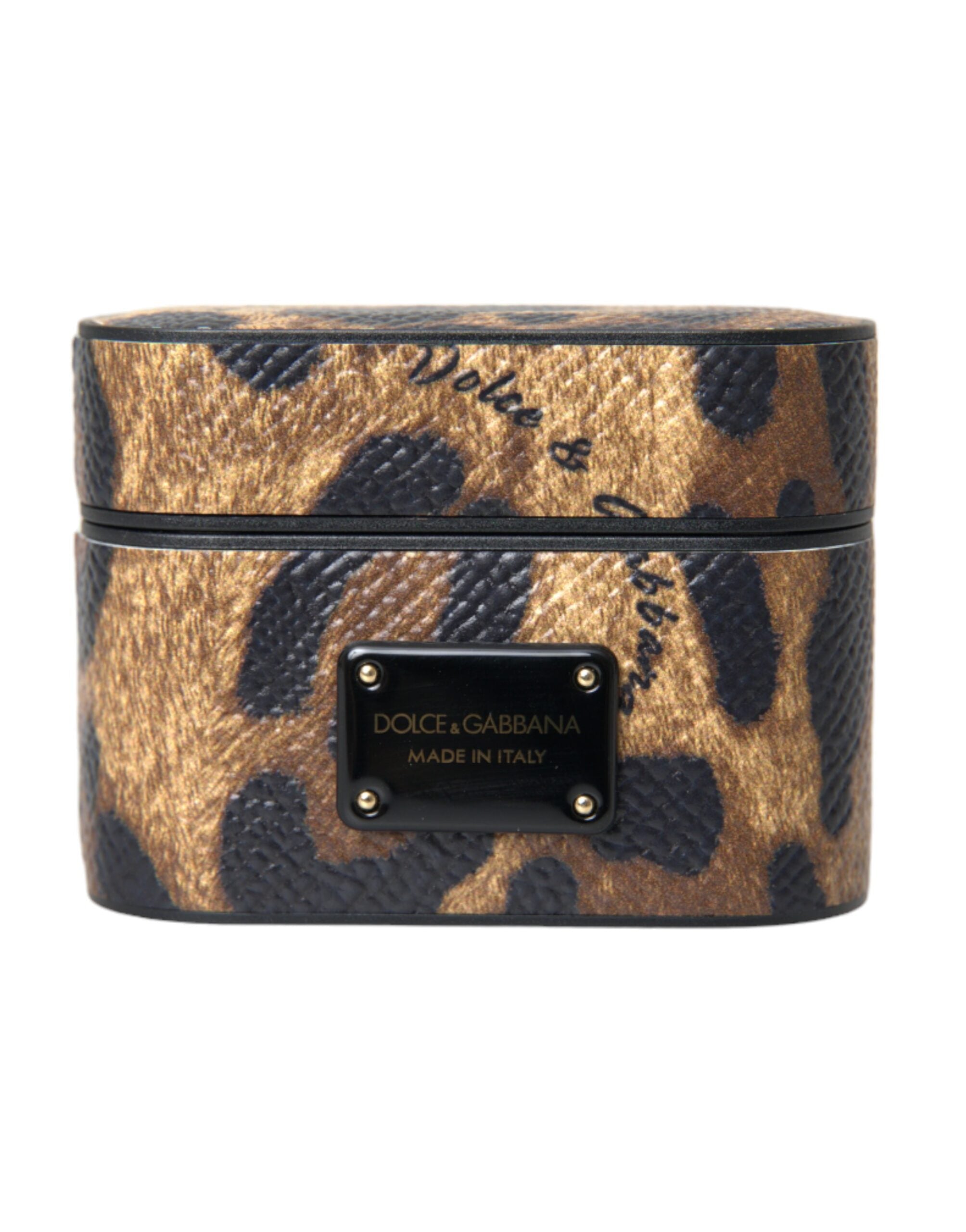 Dolce & Gabbana Dolce & Gabbana Brown Leopard Calf Leather Metal Logo Plaque Airpods Women's Case