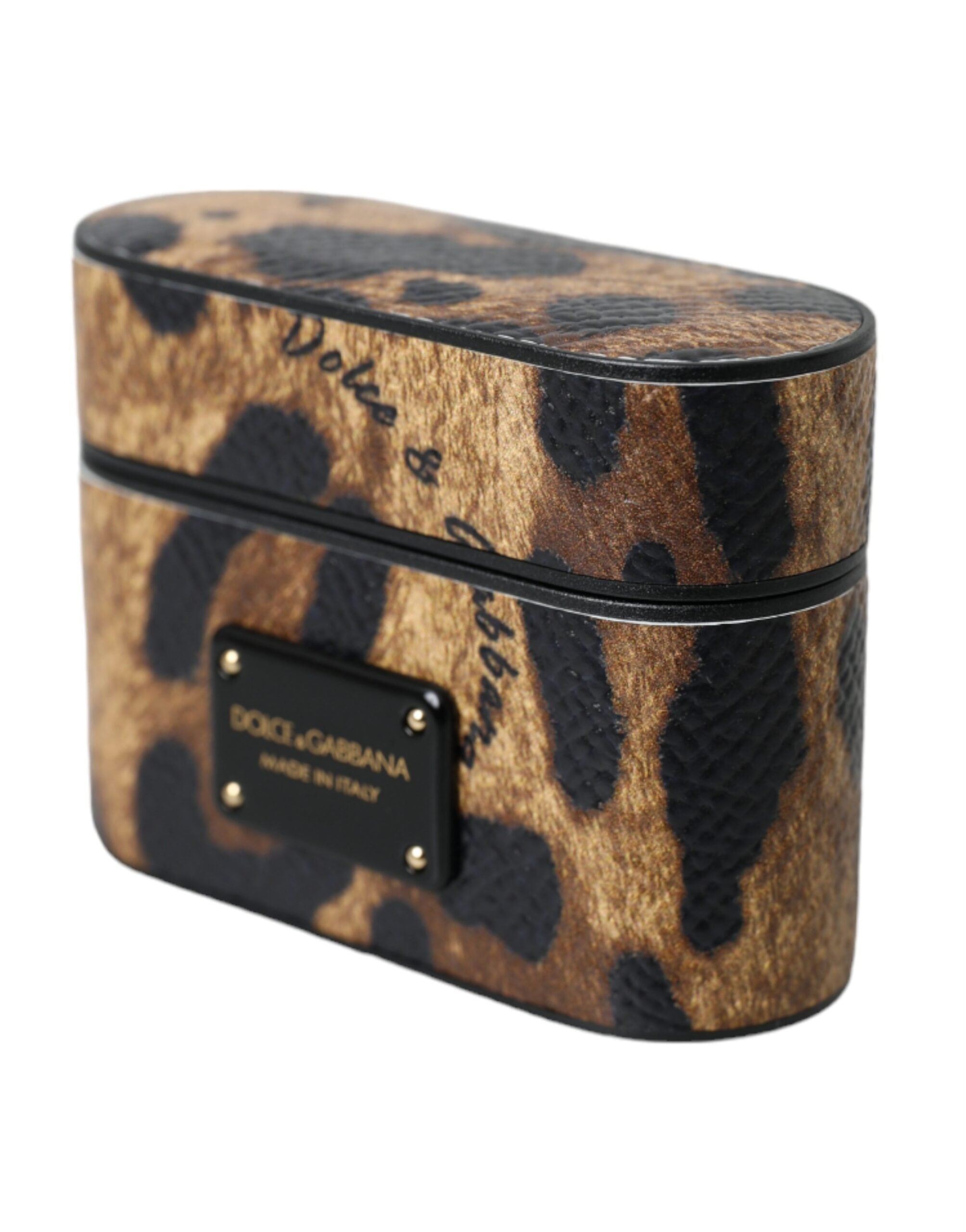 Dolce & Gabbana Dolce & Gabbana Brown Leopard Calf Leather Metal Logo Plaque Airpods Women's Case