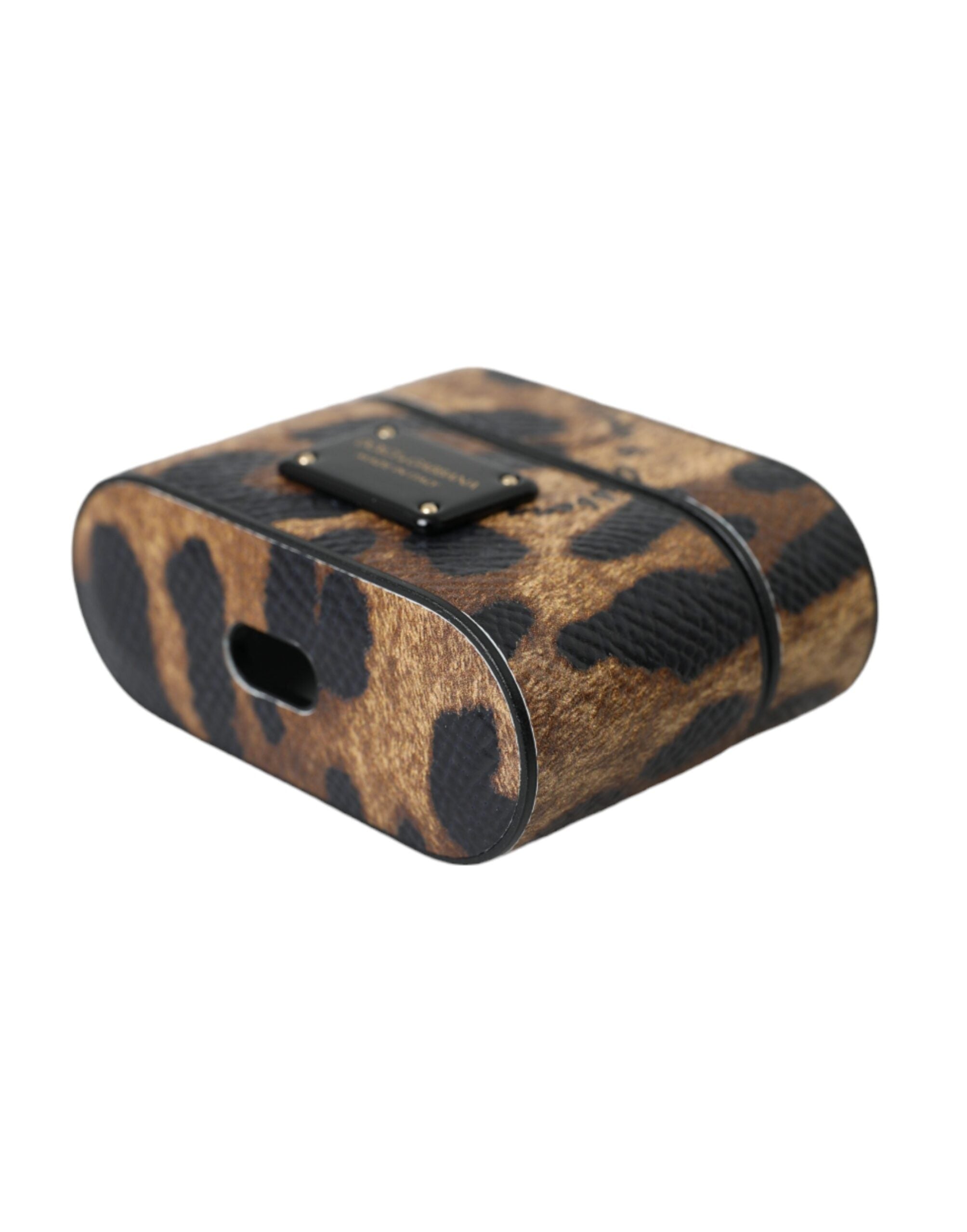 Dolce & Gabbana Dolce & Gabbana Brown Leopard Calf Leather Metal Logo Plaque Airpods Women's Case