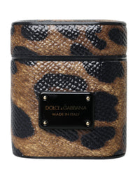 Dolce & Gabbana Dolce & Gabbana Brown Leopard Calf Leather Metal Logo Plaque Airpods Women's Case