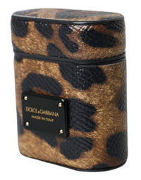 Dolce & Gabbana Dolce & Gabbana Brown Leopard Calf Leather Metal Logo Plaque Airpods Women's Case