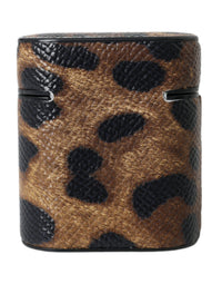 Dolce & Gabbana Dolce & Gabbana Brown Leopard Calf Leather Metal Logo Plaque Airpods Women's Case
