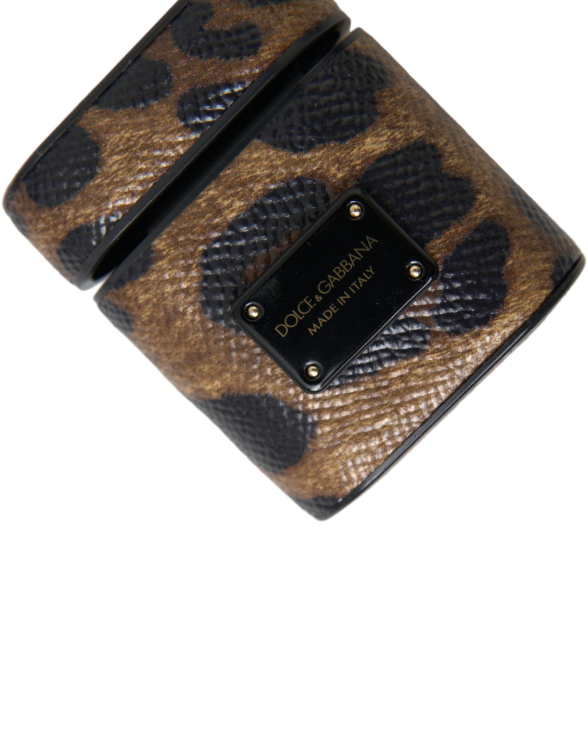 Dolce & Gabbana Dolce & Gabbana Brown Leopard Calf Leather Metal Logo Plaque Airpods Women's Case