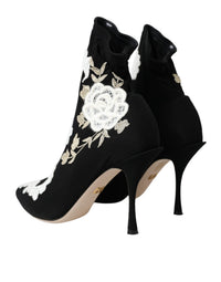 Dolce & Gabbana Black White Embroidery Slip On Boots Women's Shoes