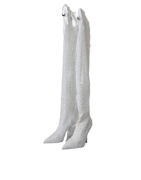 Dolce & Gabbana White Heels Stiletto Knee High Boots Women's Shoes