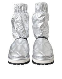 Dolce & Gabbana Metallic Silver Quilted Logo Patch Boot Women's Shoes
