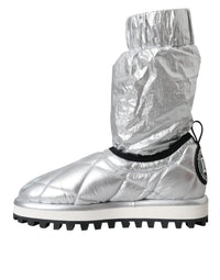 Dolce & Gabbana Metallic Silver Quilted Logo Patch Boot Women's Shoes