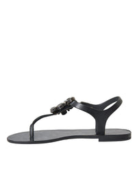 Dolce & Gabbana Black Crystal Flats Sandals Flip Flops Women's Shoes