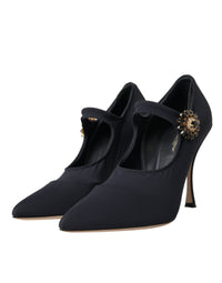 Dolce & Gabbana Black Mary Jane Jersey Crystal Pumps Women's Shoes