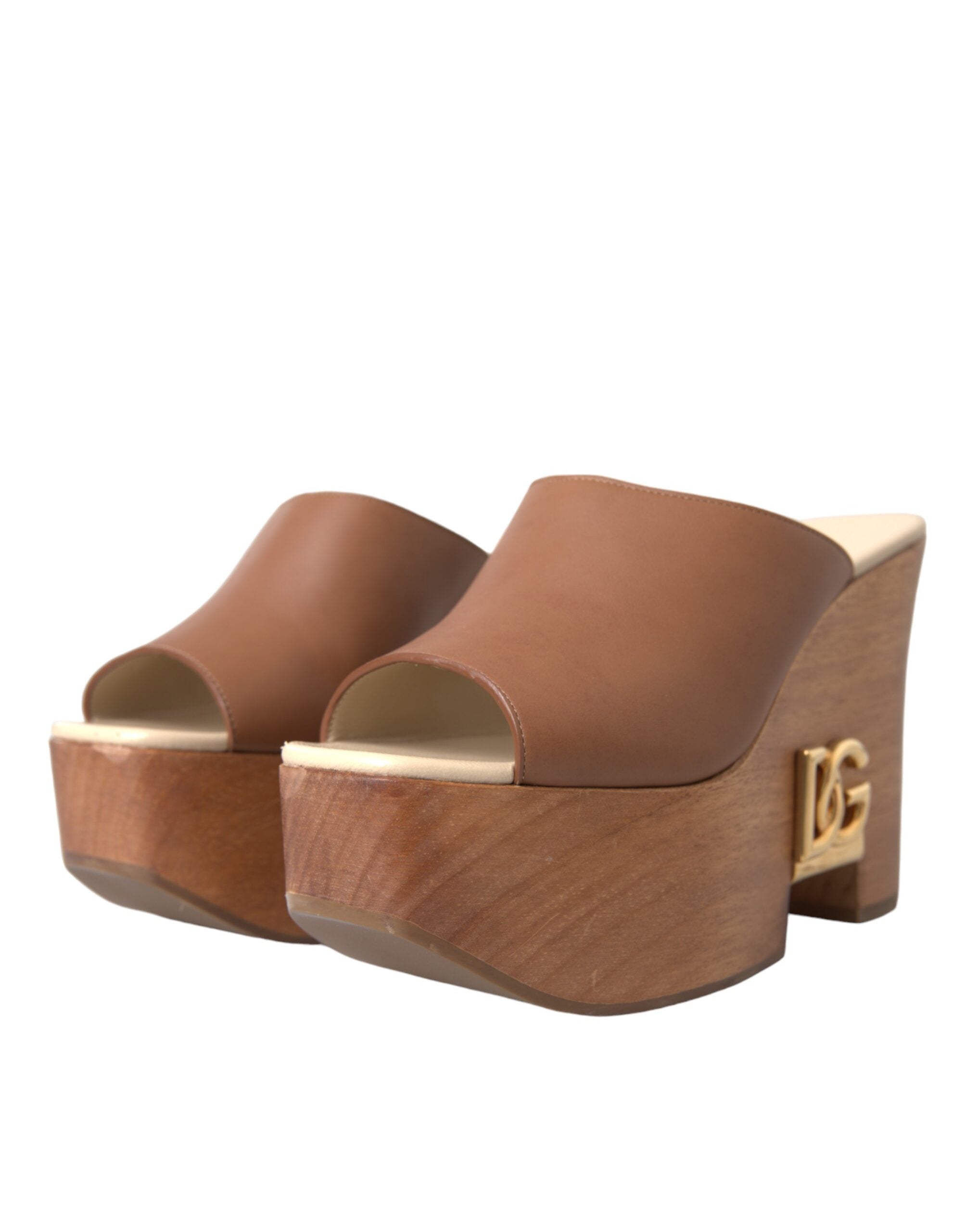 Dolce & Gabbana Brown Leather Wood Mules Wedge Slides Women's Shoes (Pre-Owned)