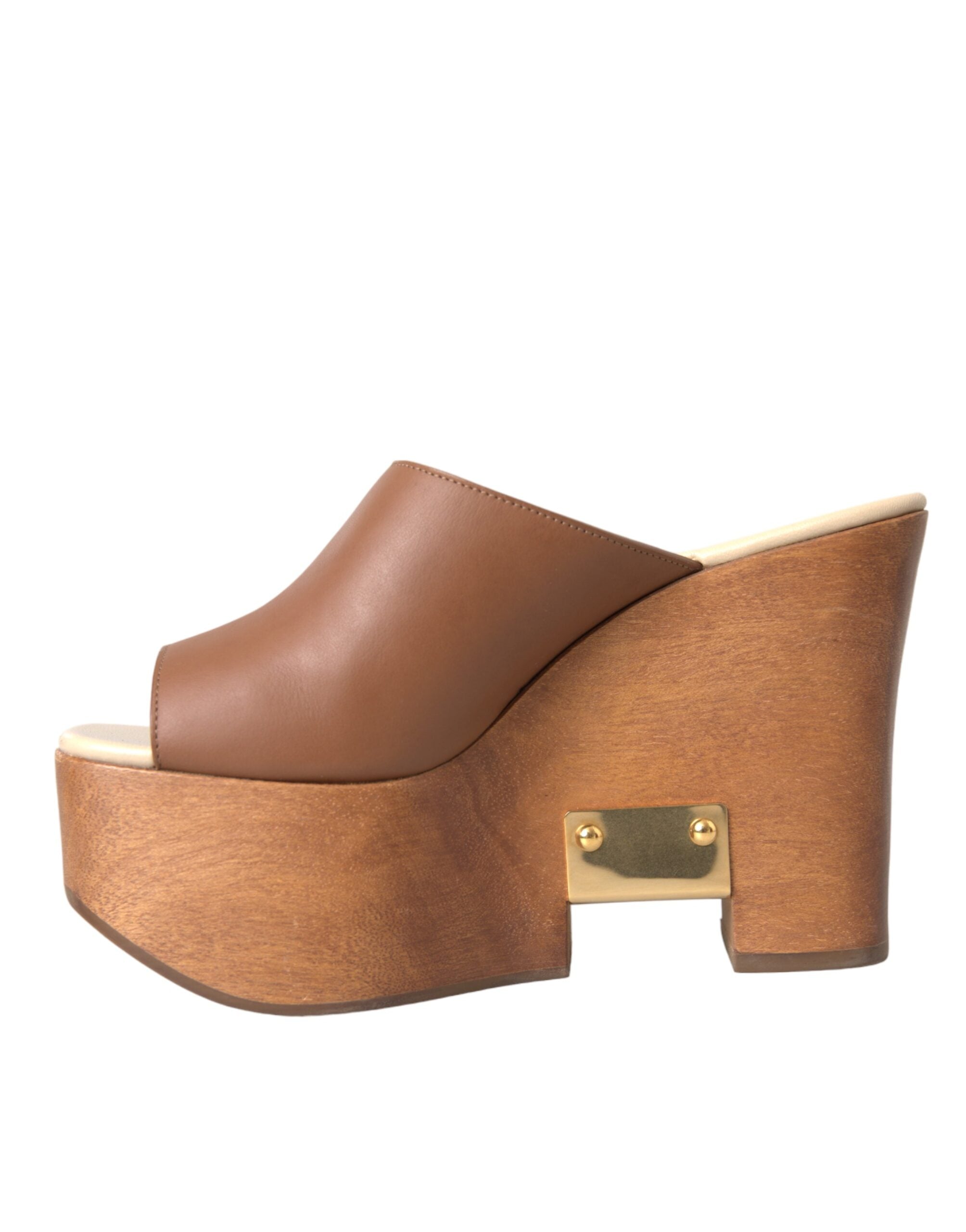 Dolce & Gabbana Brown Leather Wood Mules Wedge Slides Women's Shoes (Pre-Owned)