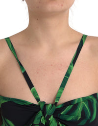 Dolce & Gabbana Black Green Leaf Silk Halter Cropped Women's Top