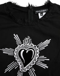 Dolce & Gabbana Black Sacred Heart Print Cotton Lace Women's T-shirt