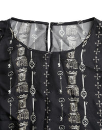 Dolce & Gabbana Black Key Castle Print Silk Blouse Women's T-shirt