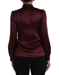 Dolce & Gabbana Maroon Ascot Collar Long Sleeve Top Women's Blouse