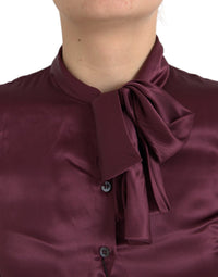 Dolce & Gabbana Maroon Ascot Collar Long Sleeve Top Women's Blouse