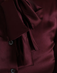 Dolce & Gabbana Maroon Ascot Collar Long Sleeve Top Women's Blouse